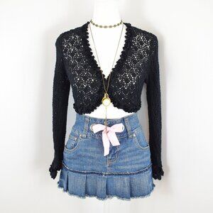 VTG 00s Y2K Express Black Knit Ruffle Velvet Trim 3/4 Sleeve Cropped Cardigan